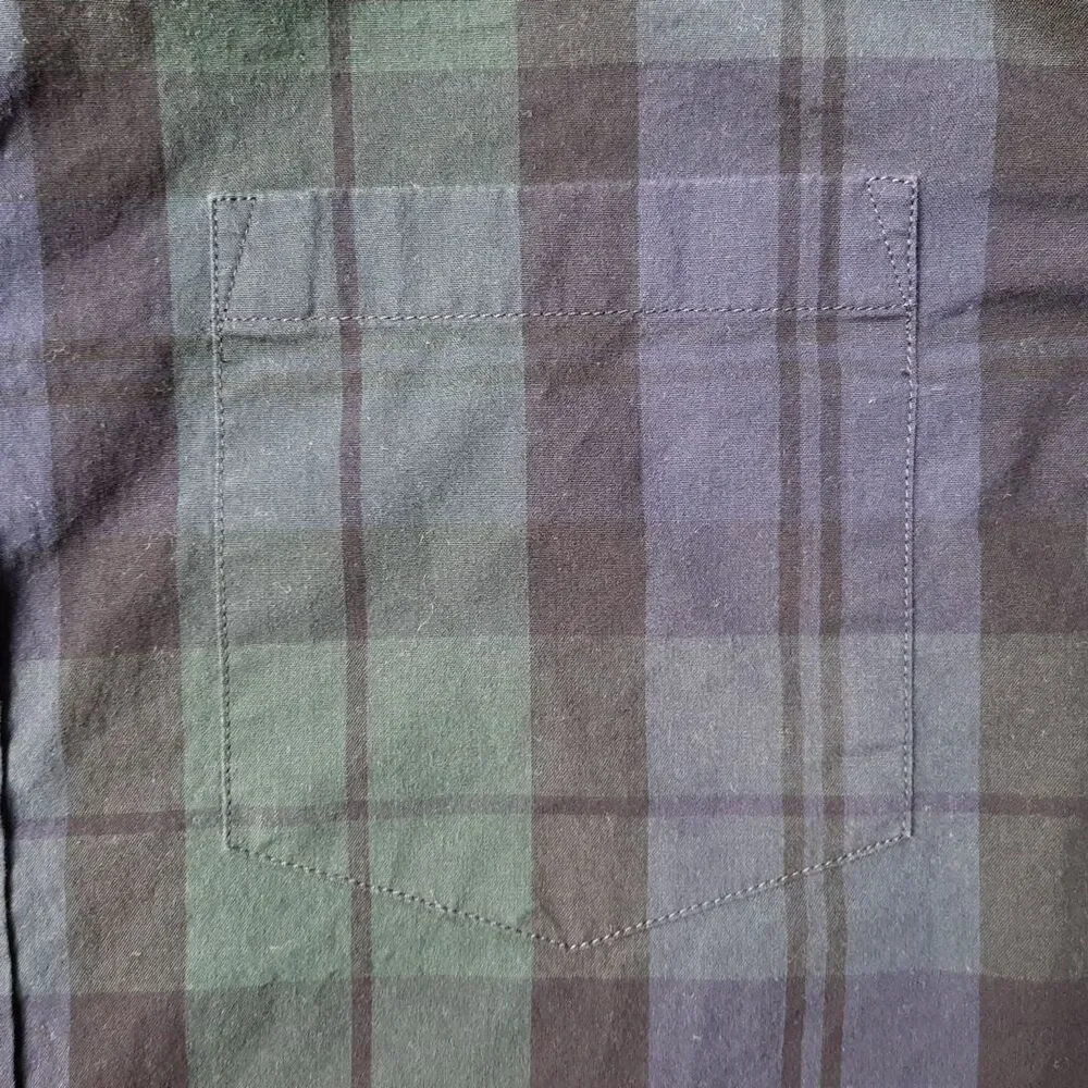 J Crew Shirt Mens Medium Black Green Blue Flex Washed Tartan Plaid Black Watch